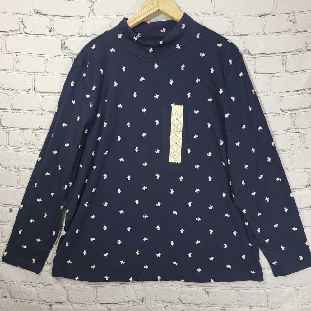 St. Johns Bay Womens 2X Long Sleeve Top Navy Blue Scottie Dog‎ Print Cotton New